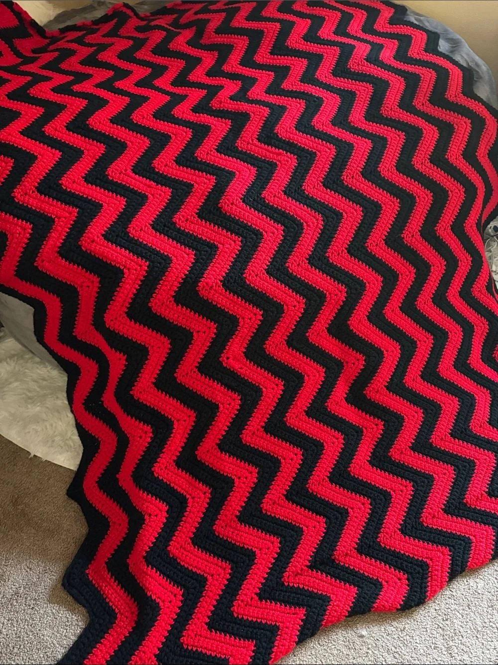 Hand Crafted Red and Black‎ Chevron Crochet Throw Blanket